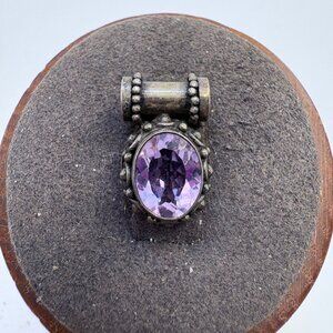 VTG Sterling Silver 925 Amethyst Beaded Border Pendant Size 0.75" Length